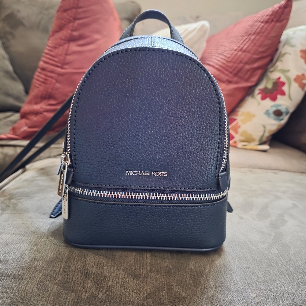 Michael Kors Rhea Extra-Small Pebbled Leather Backpack Navy Blue NWT